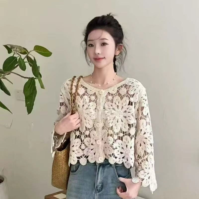 Boring Honey bord de mer vacances mode haut ample mince creux pull au crochet été tout-Match Cardigan à manches longues