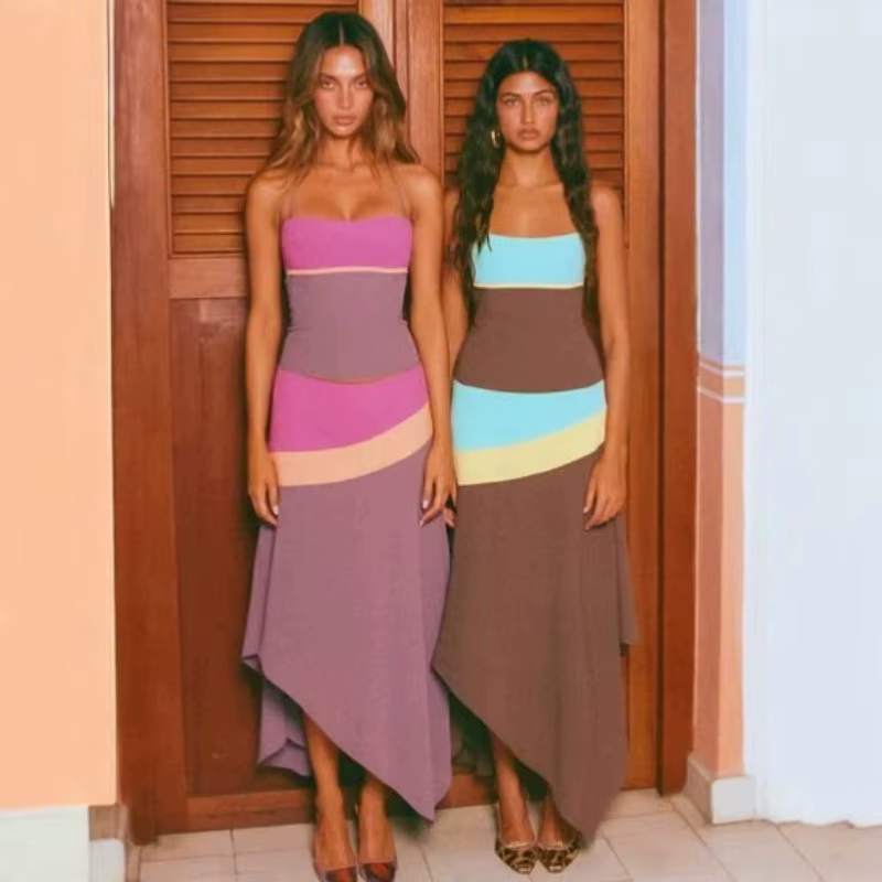 Ensemble deux pièces style bohème : Haut camisole patchwork color-block unique et jupe moulante asymétrique