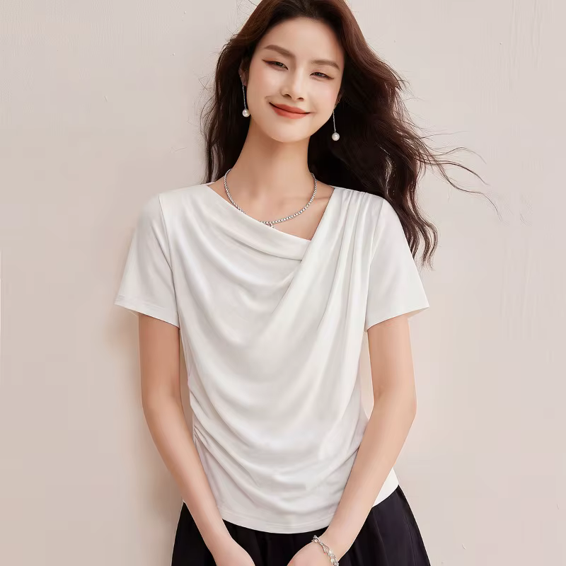 T-shirt en Lyocell pour femme, col drapé, froncé sur les côtés, coupe ajustée, uni, manches courtes, élégant, décontracté, basique, pour l'été