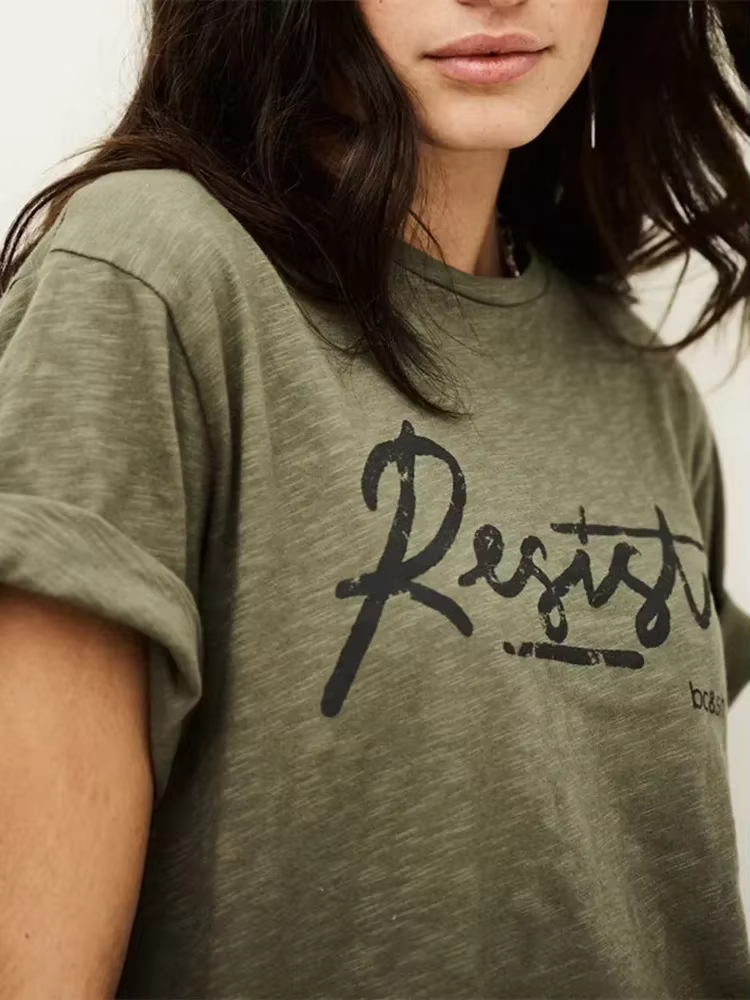 T-shirt vert imprimé lettres pour femme