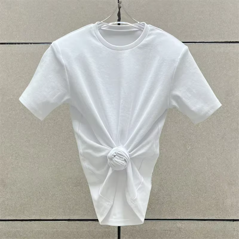 T-shirt femme 2025 été nouveau épaule rembourré coupe ajustée haut à manches courtes pur coton col rond pull y2k