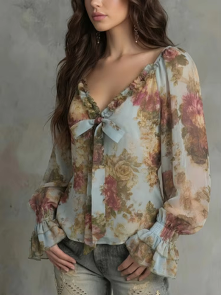 Chemise à imprimé floral vintage pour femmes