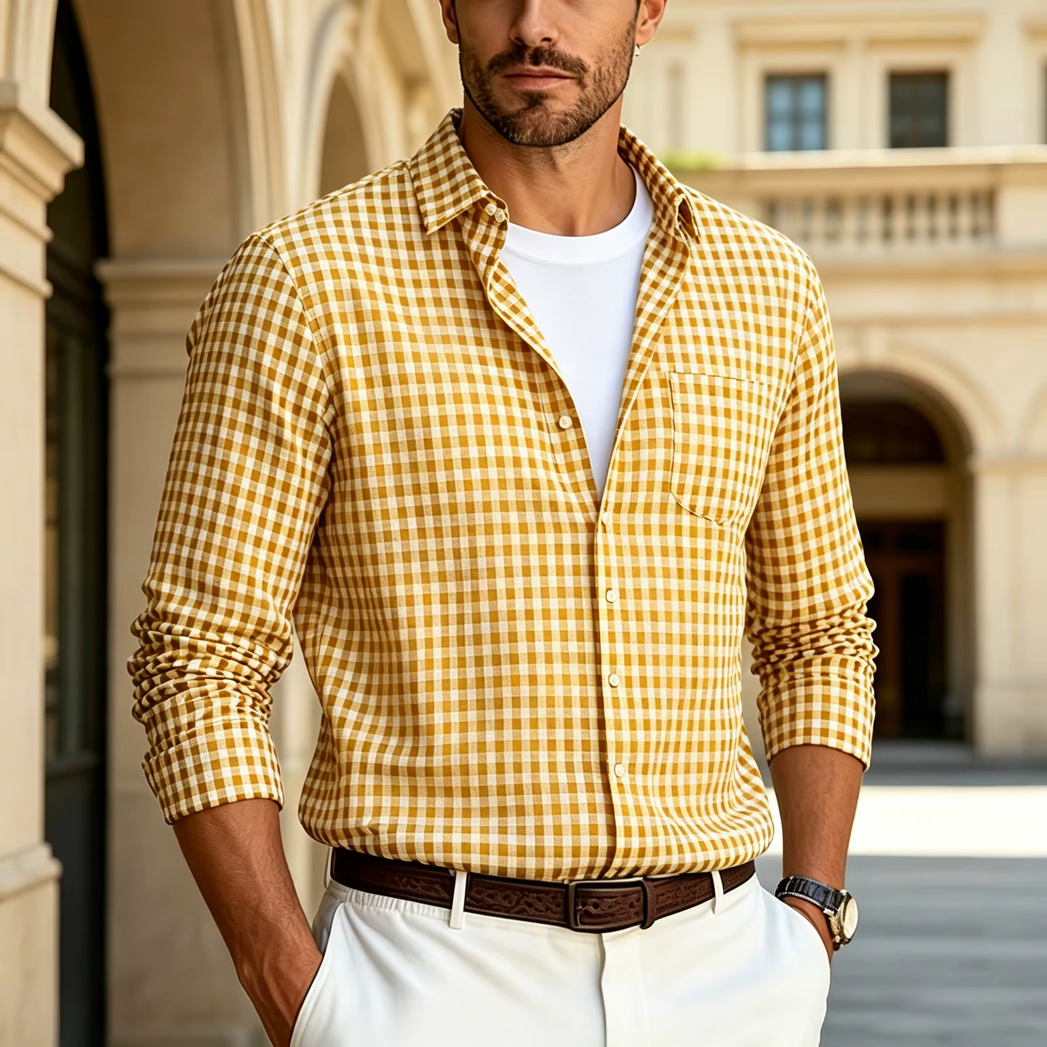 Chemise à carreaux fins à manches longues pour homme