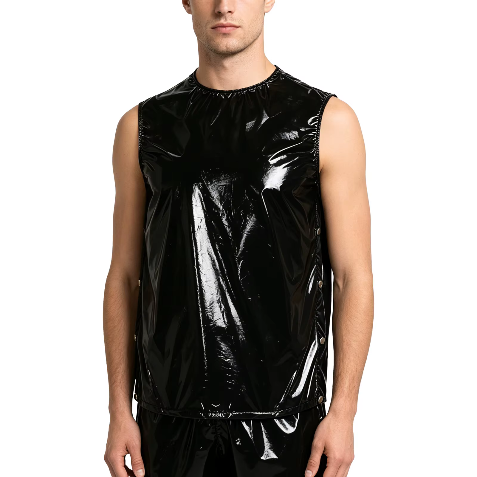 Débardeur Homme Imperméable Effet Mouillé PVC Rouge Sans Manches Brillant Gilet Vinyle
