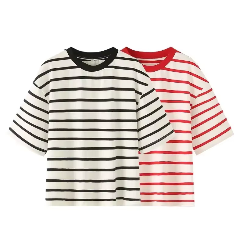 Rayé femmes mode T-shirts col rond manches courtes