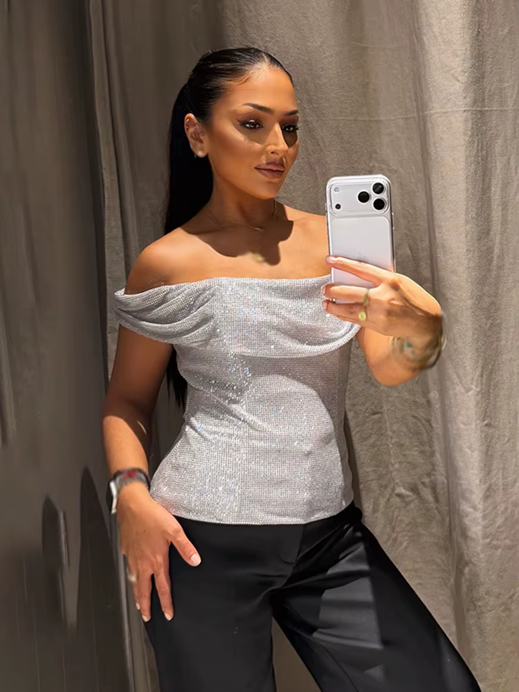 HH femmes été Sexy mince une pièce col haut argent diamant décoration