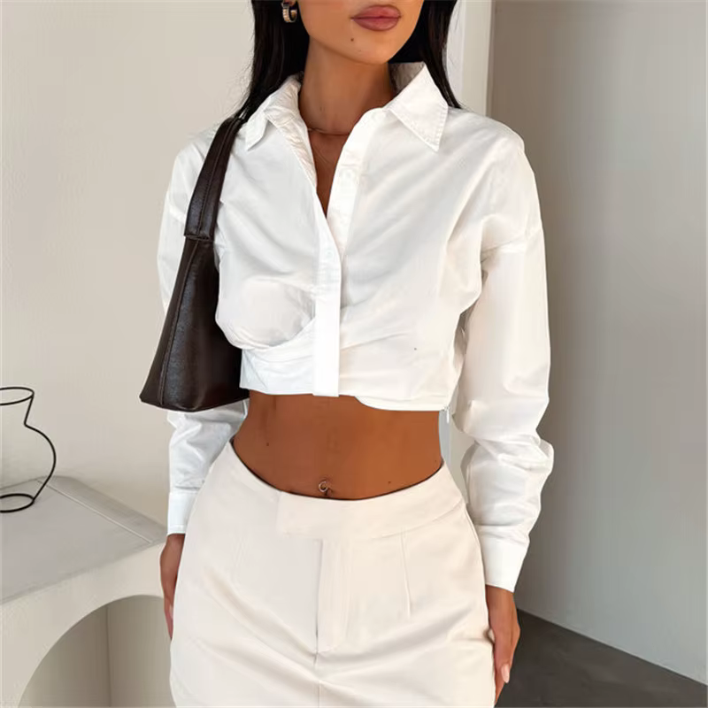Hirigin femmes recadrée boutonné chemises mode revers col en v à manches longues couleur unie hauts printemps automne Blouse Streetwear