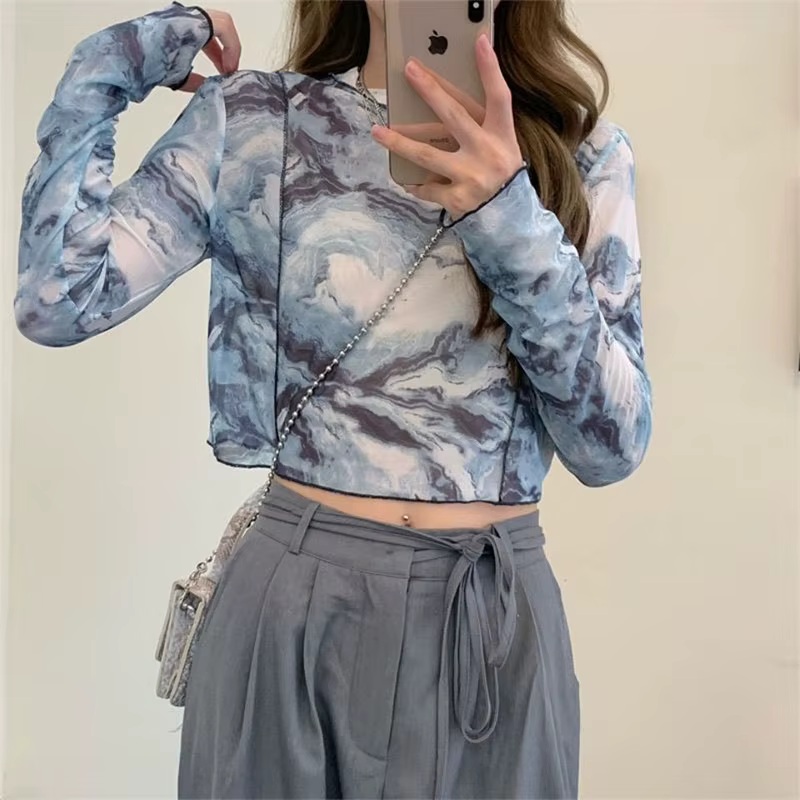 T-shirts à manches longues femmes cravate-teinture imprimé été résistant au soleil hauts courts mode haute rue gaze Style coréen Chic adolescents rétro