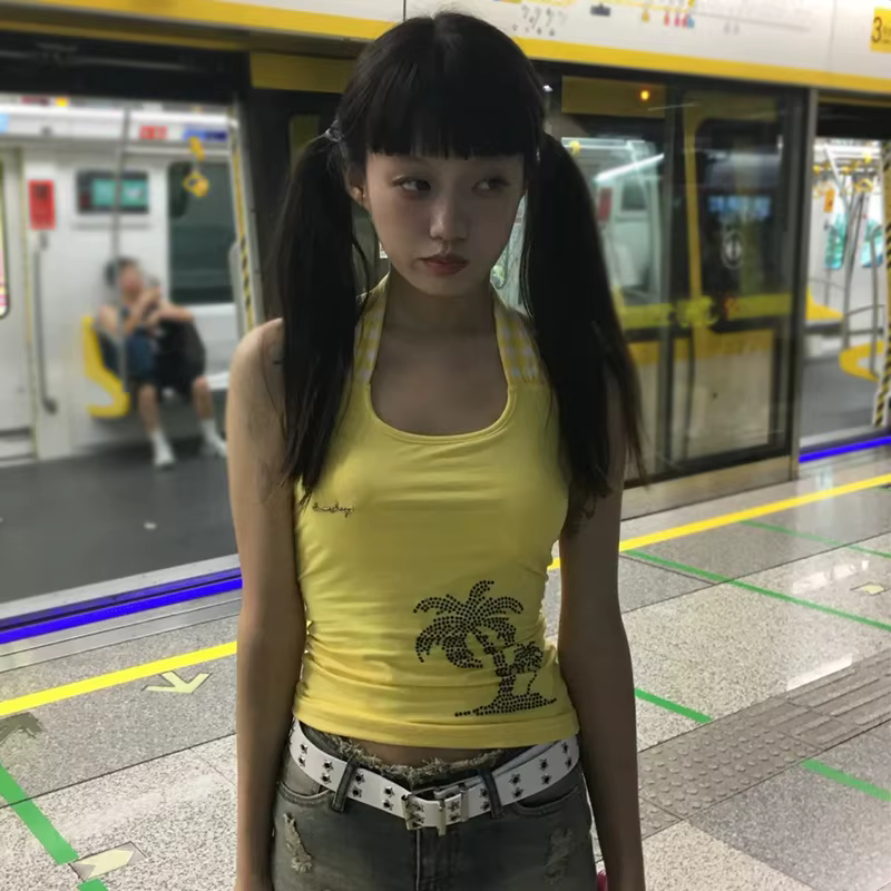 Genayooa Y2k japonais débardeurs à lacets imprimé graphique hauts Streetwear sans manches t-shirt femmes Y2k Vintage dos nu réservoirs d'été