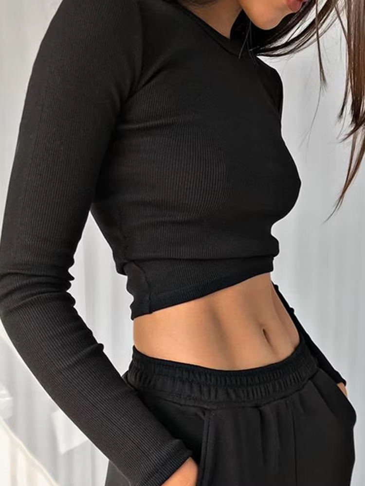 O cou à manches longues chemise femmes côtelé Sexy hauts courts 2025 printemps noir décontracté maigre mince basique femme t-shirts blanc