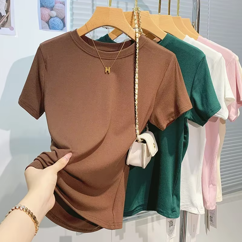 2026 nouveau femmes 100% coton T-shirt fond basique solide dame à manches courtes hauts chemises été
