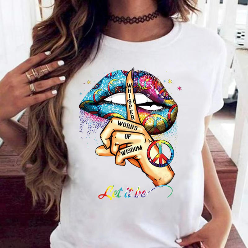 100% coton ample col rond bouche créative à manches courtes T-shirt femme surdimensionné