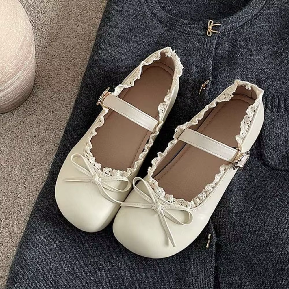 Lolita PU cuir JK chaussures plates nœud dentelle à volants ballerines décontractées semelle souple doux Mary Jane