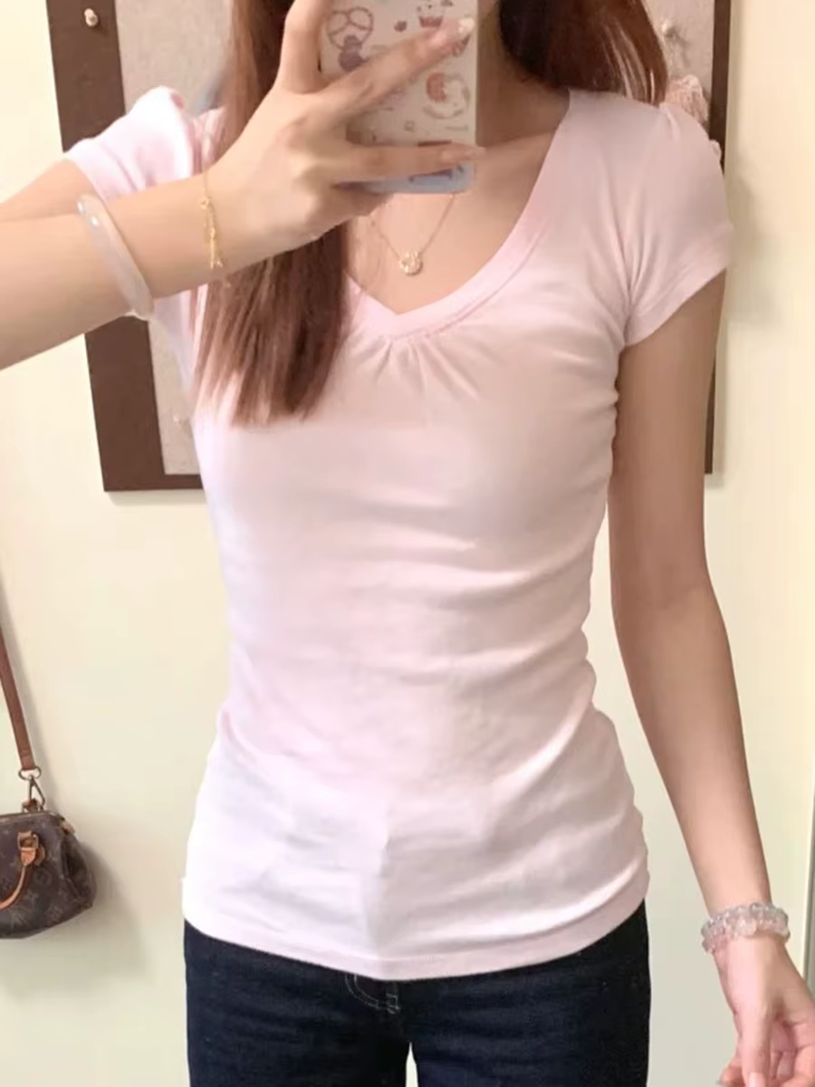T-shirt basique plissé à col en V pour femme