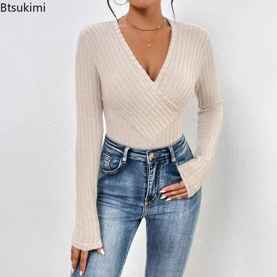 Body Beige décontracté à manches longues et col en v pour femme