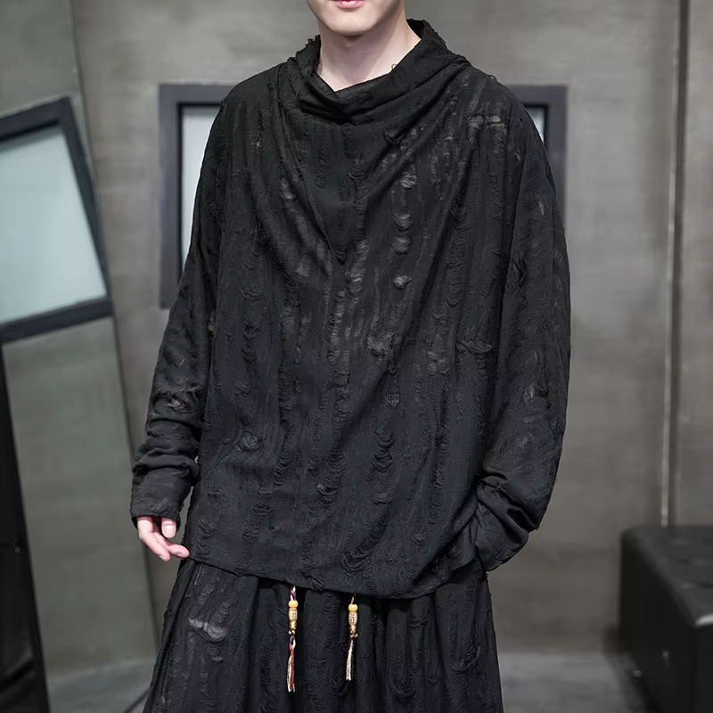 T-shirt à manches longues en coton déchiré pour hommes