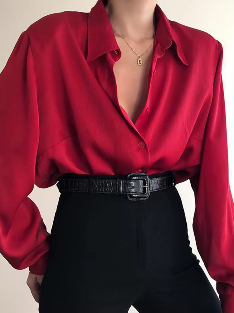 Femmes bouton Blouses col rabattu chemises bureau dame à manches longues Blouse décontractée ample OL chemise Baggy hauts rouge/vin rouge/noir