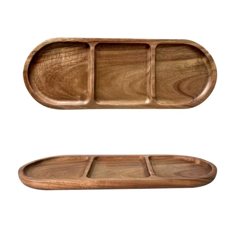 Plateaux de petit déjeuner en bois d'acacia avec séparateurs-Design minimaliste moderne