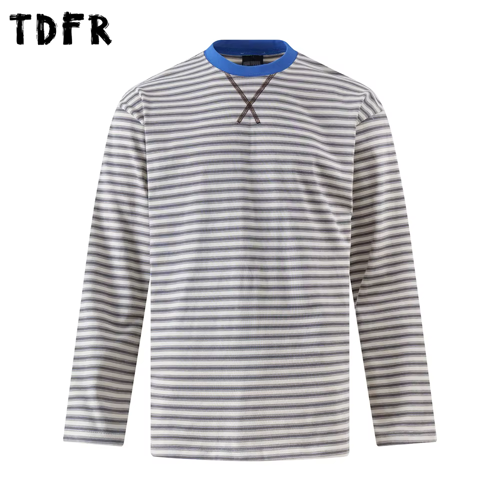 T-shirt à manches longues rayé épissé hommes automne rétro décontracté ample