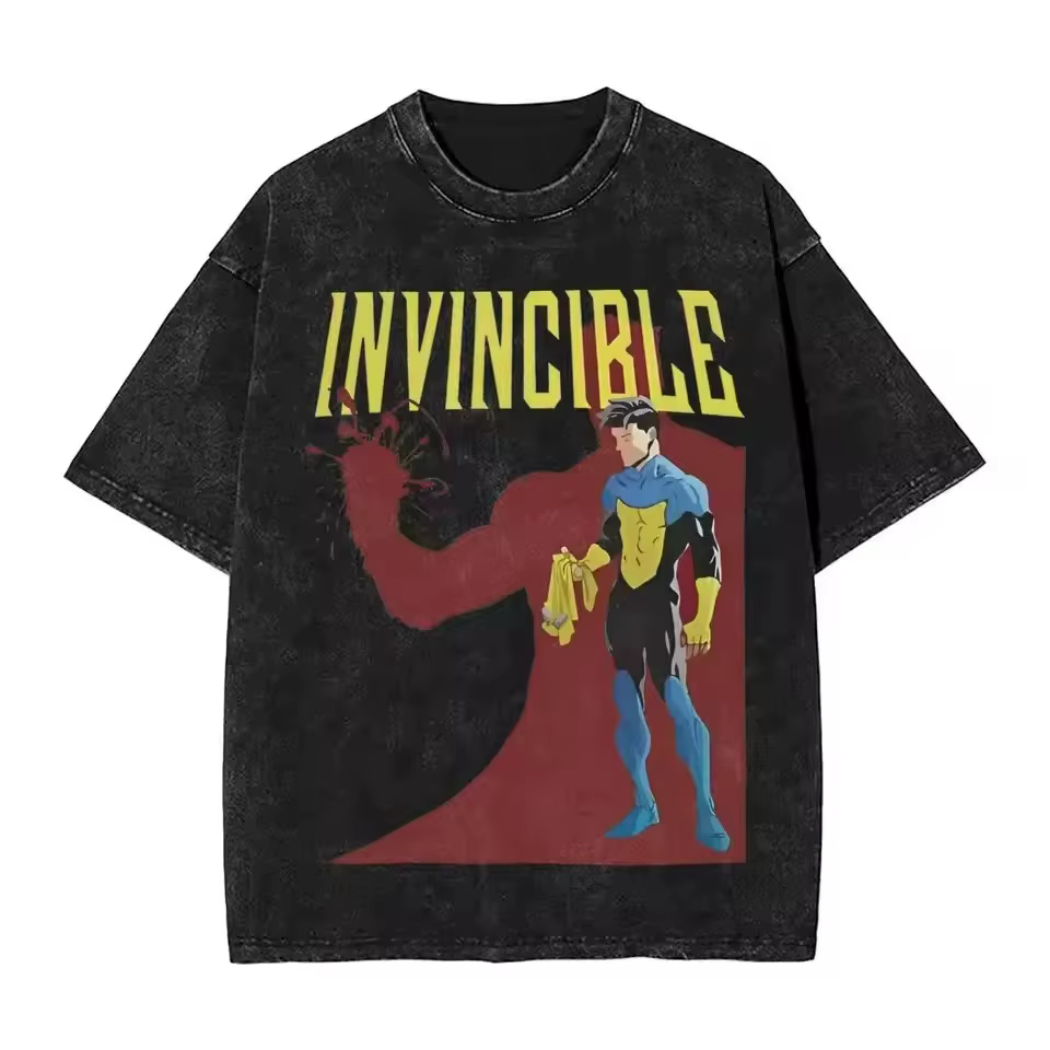 Nouvelle Arrivée 2026 T-shirt Homme Rétro Invincible Motif Dessin Animé et Bande Dessinée Effet Délavé