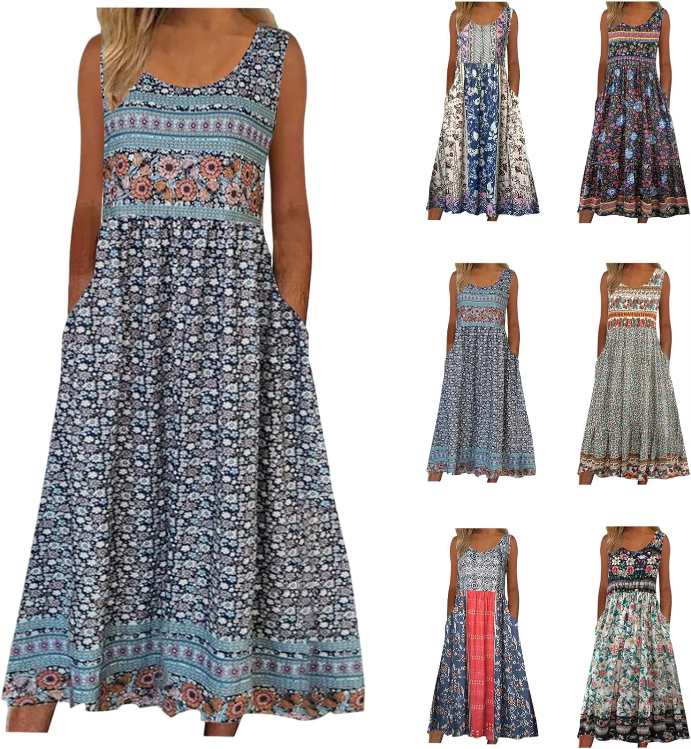 2025 été nouveau! Robe d'été MIDI de plage décontractée à fleurs bohème sans manches pour femmes avec poches fluide et ample