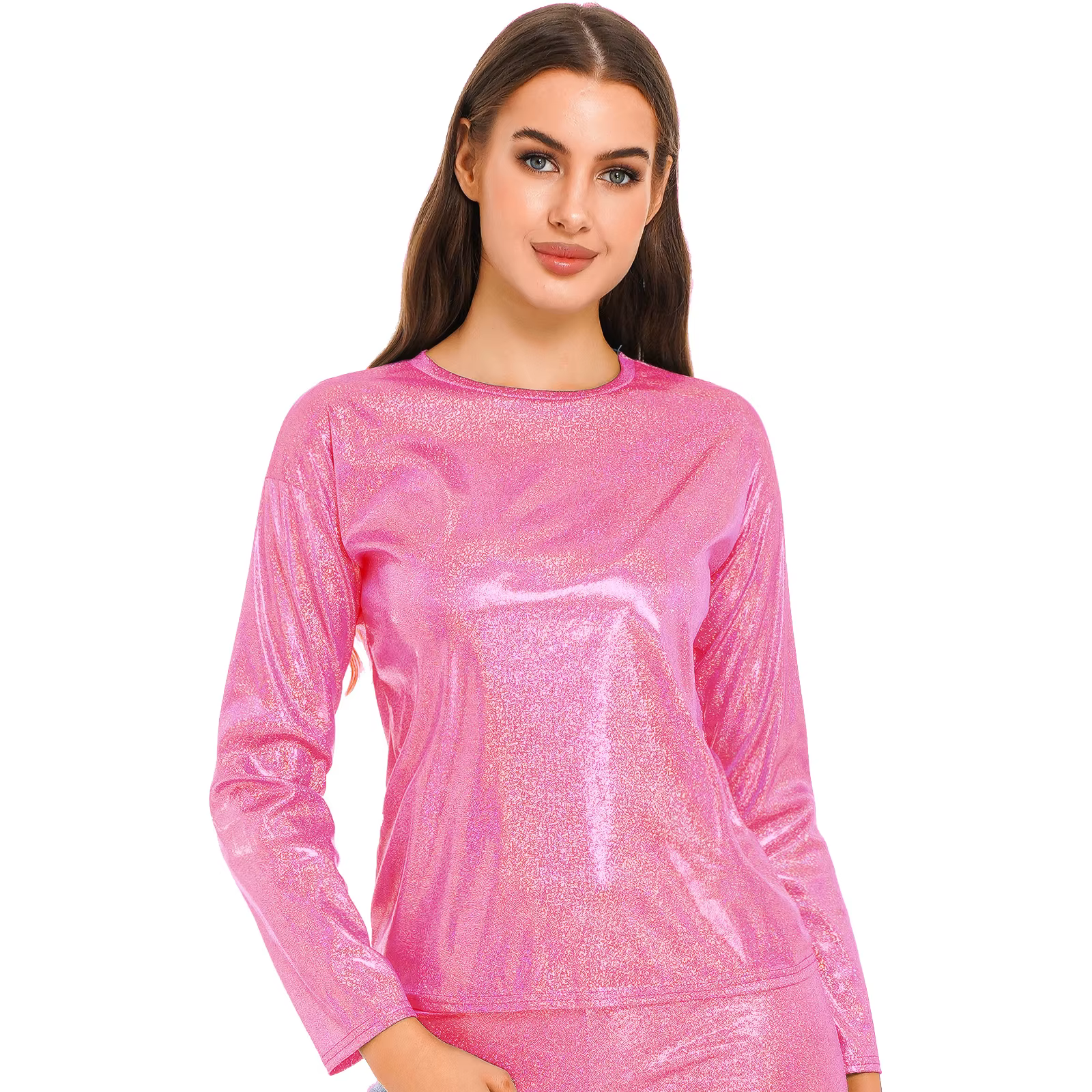 T-Shirt métallique brillant à manches longues pour femmes