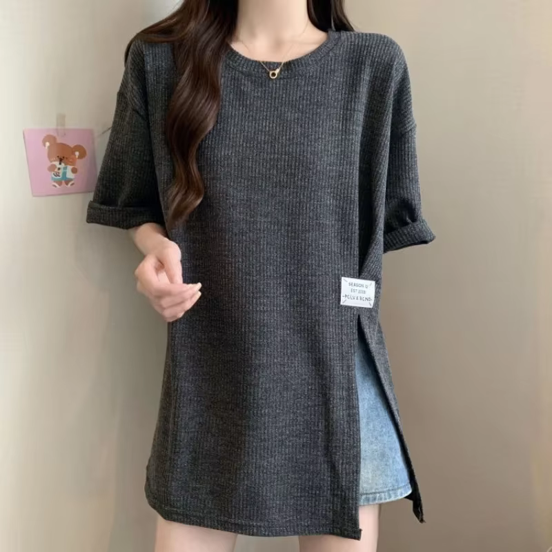 Style paresseux ample fente ourlet jeunesse hauts été à manches courtes col rond simplicité rue décontracté t-shirts mode coréenne femmes vêtements