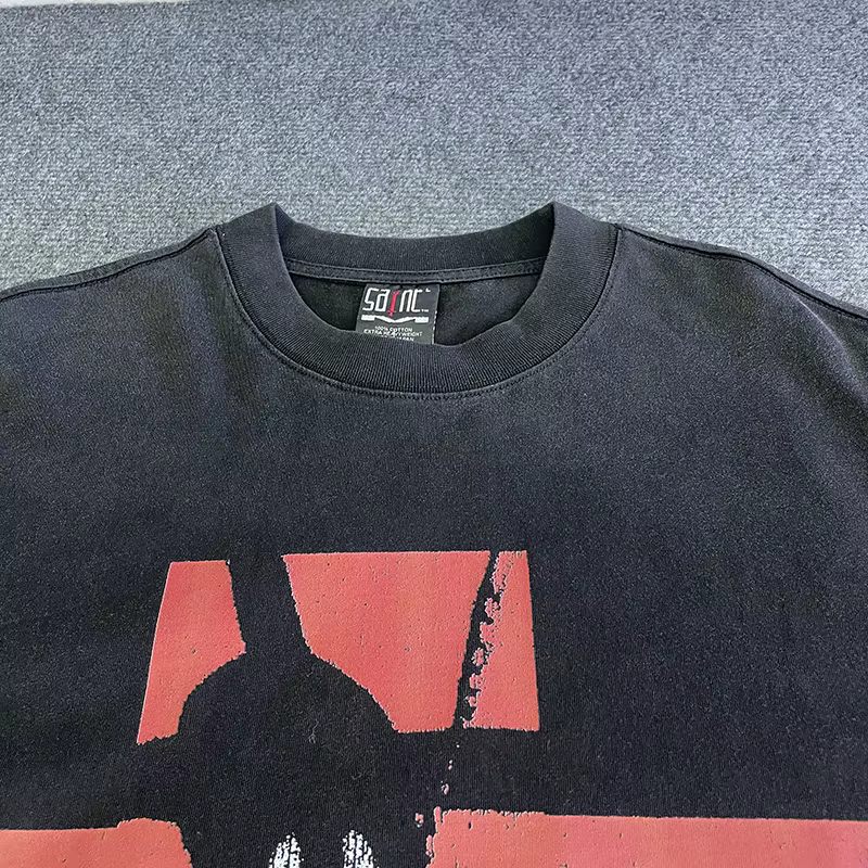 T-shirt vintage délavé noir vieilli SAINT pour homme et femme – Qualité supérieure