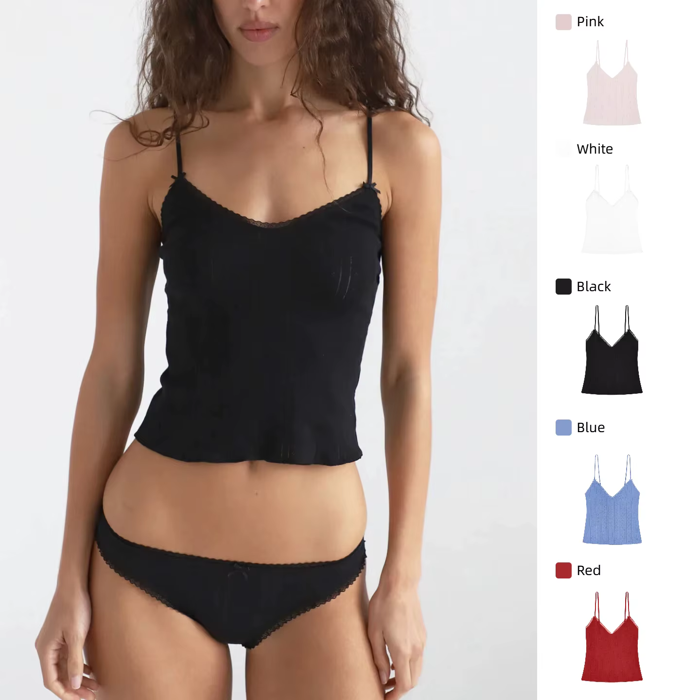 COU Camisole en dentelle florale noire et blanche avec nœud