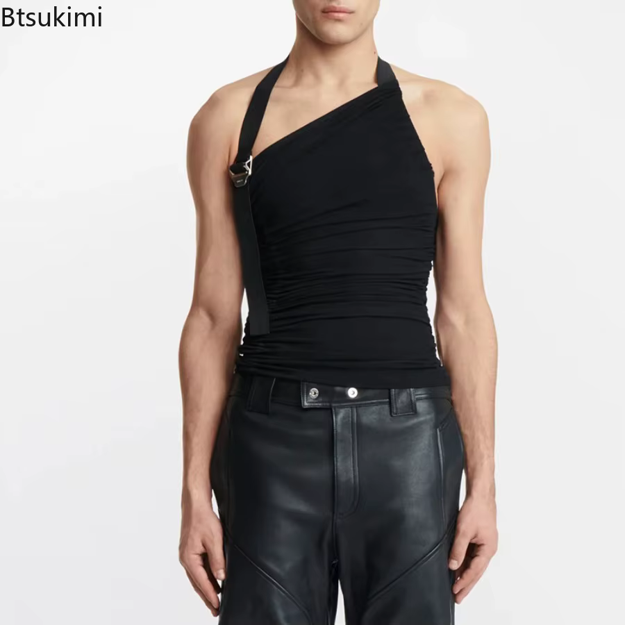 Nouveaux hommes personnalisés gilet hauts sangle épaule creux tricoté débardeurs élastique mince Fit