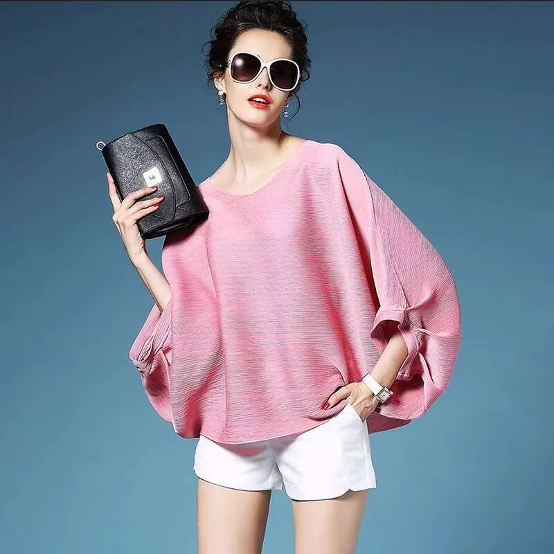 T-shirt plissé à col rond pour femme