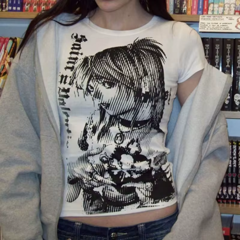 Y2k anime Streetwear col rond 90s texte impression hauts femmes Harajuku vêtements Simple Vintage T-shirt court