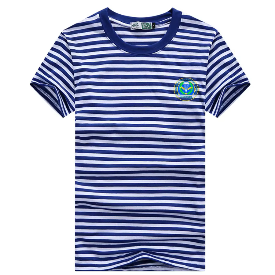 Troupes aéroportées russes VDV Badge parachutiste marin chemise rayée 100% coton col rond manches courtes hommes T-Shirt haut breton