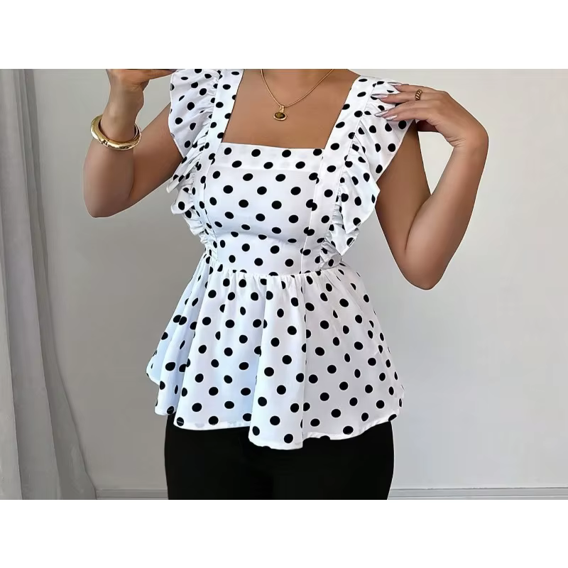 T-shirt à col carré, motif pois