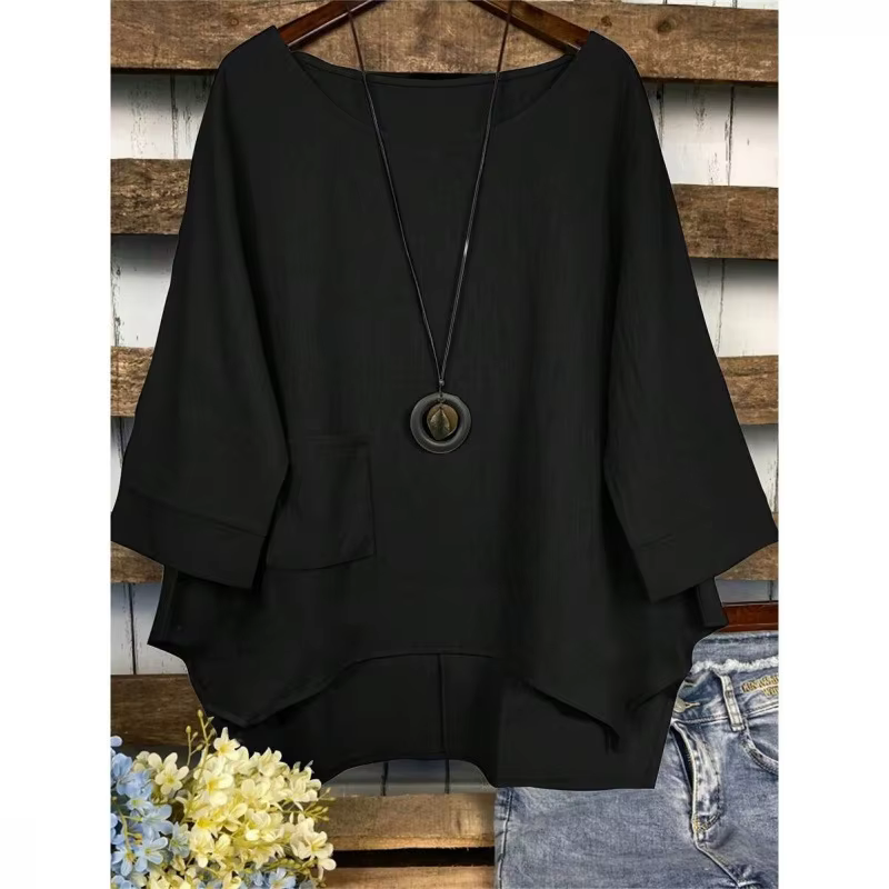 T-shirt d'été en coton et lin grande taille pour femme avec poche