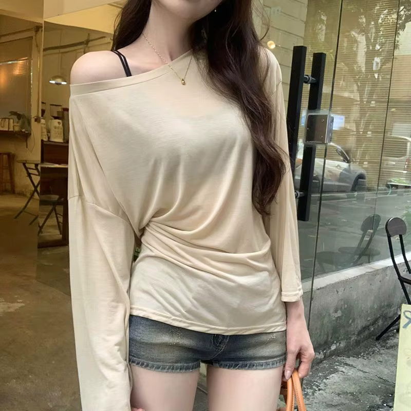 Voir à travers la manches longues surdimensionné t-shirt femmes Sexy dos pansement épaules nues haut femme basique longs t-shirts coréen Chic dame nouveau