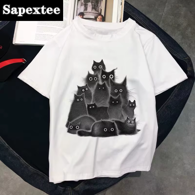 T-shirt col rond femme blanc, estival et aéré, avec chat kawaii, 2020