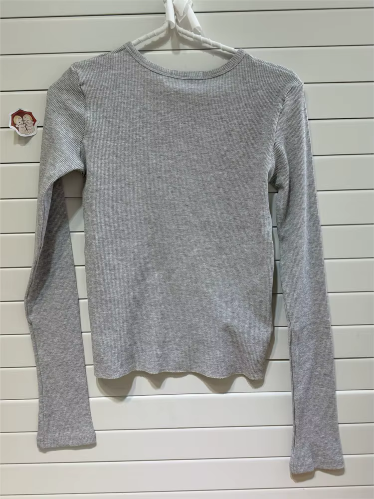 Gris gaufre mince à manches longues T-Shirt femmes printemps boutons col rond rétro Y2k