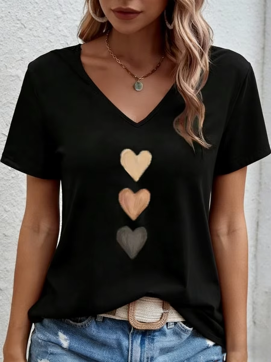 T-shirt pour femme col en V à manches courtes, imprimé cœur dégradé, coupe ample, doux, décontracté, mignon, respirant, idéal pour le printemps, l'été et les soirées