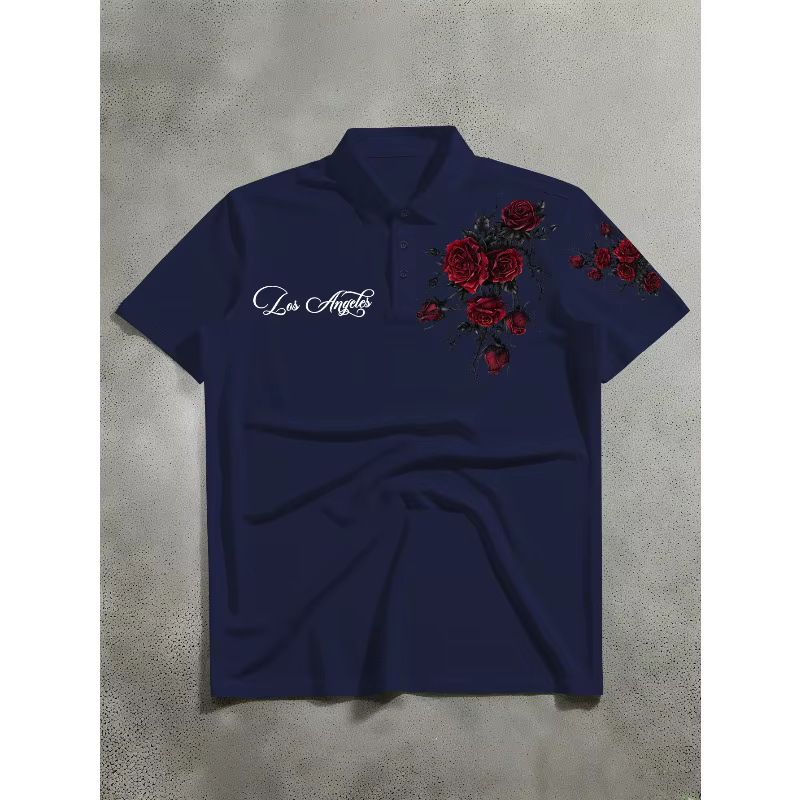 Polo à manches courtes pour homme avec imprimé de roses rouges et de épines