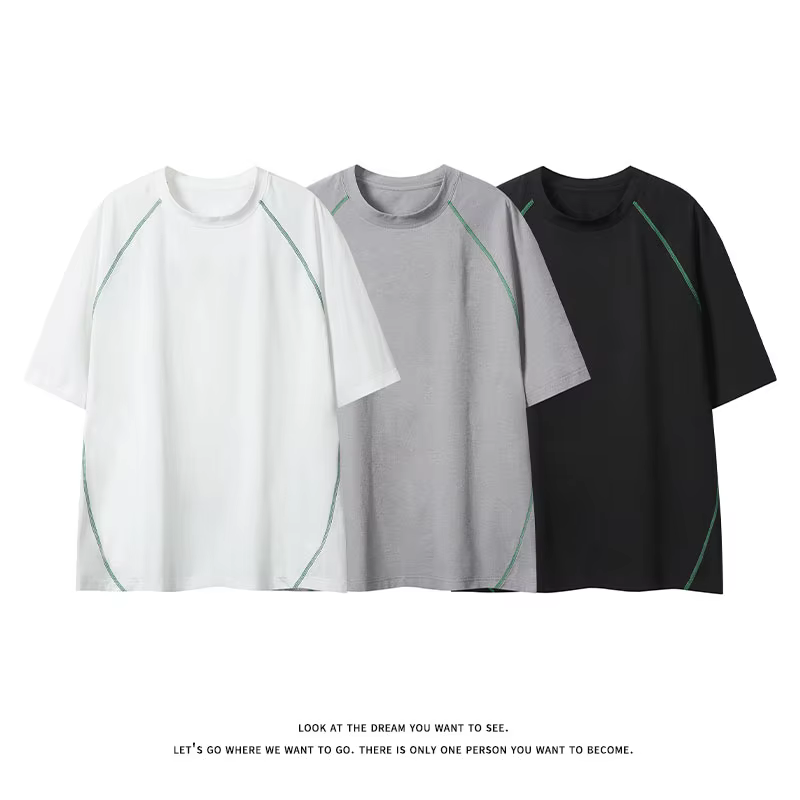 T-shirt homme été tendance ample style vintage américain manches courtes col rond polyvalent couple contrastant surpiqué