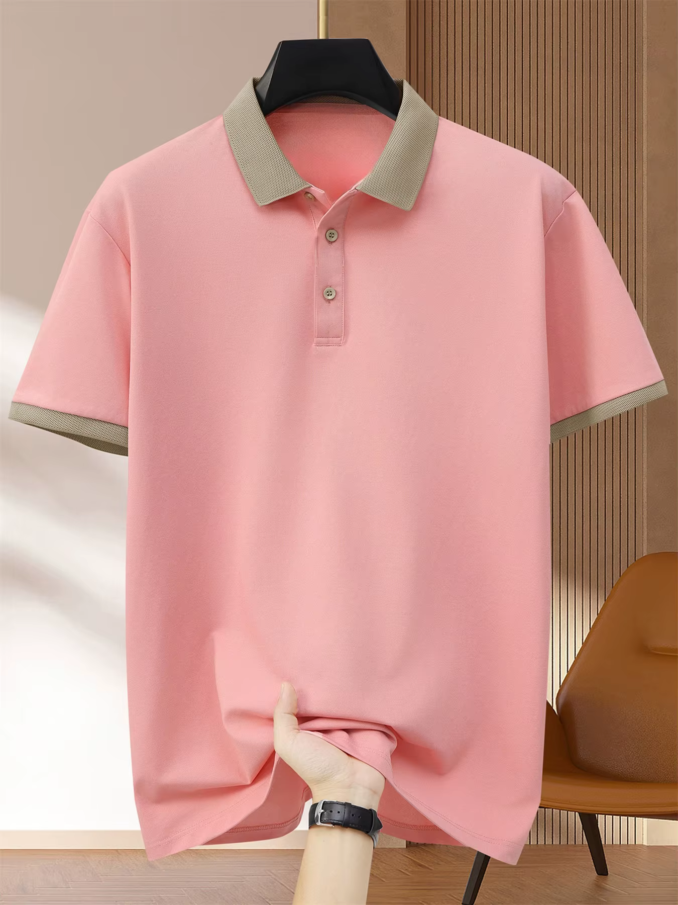 2025 Polo noir pour hommes contraste col Beige manchette manches courtes respirant affaires décontracté tissu doux
