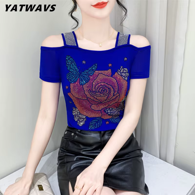 Nouveau Design européen de fleur de Rose vêtements pour femmes T-Shirt Chic épaules nues diamants chauds hauts élégant Streetwear filles t-shirts chemises