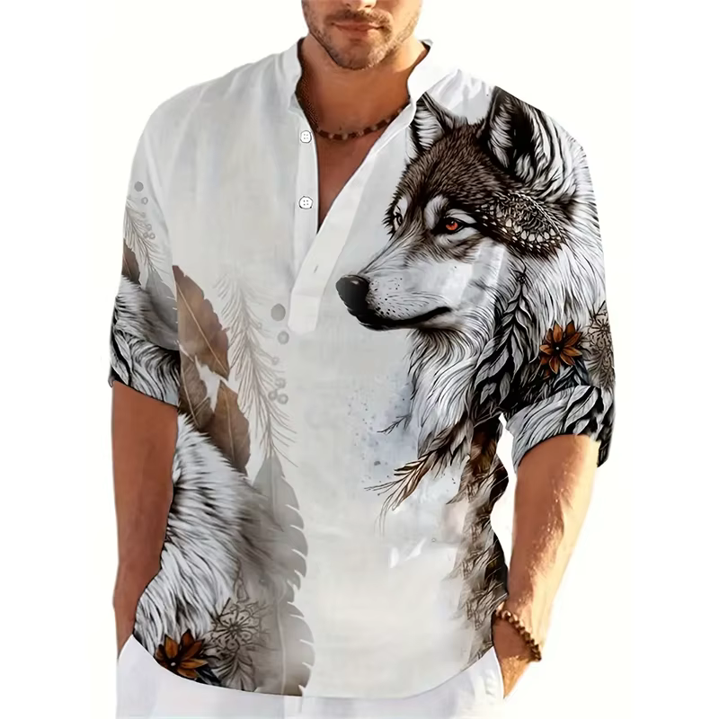 Animal loup 3D imprimé Henley chemises hommes mode Streetwear surdimensionné col montant à manches longues chemise hauts chemisier homme vêtements