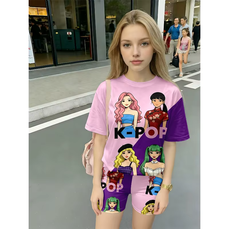 Ensemble décontracté 2 pièces imprimé K-Pop pour filles, T-shirt et short, idéal pour les fans de K-Pop, cadeau d'anniversaire, ensemble confortable et décontracté