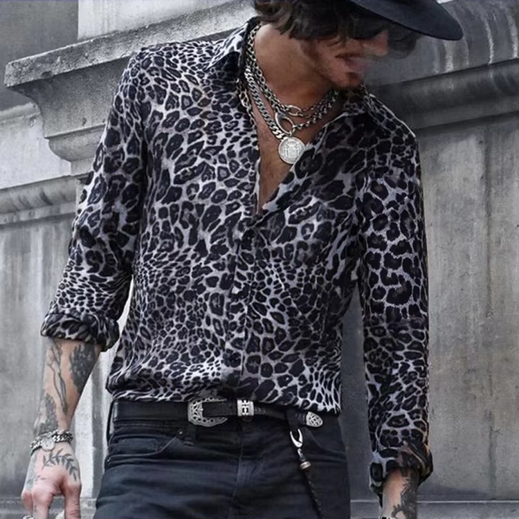 Chemise à manches longues à imprimé léopard tendance pour homme