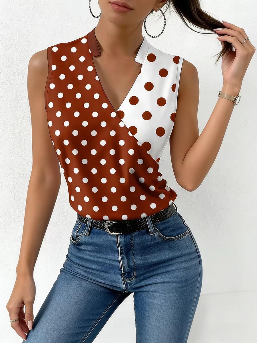 Débardeur Femme Tendance Printemps-Été Marron Blanc à Pois Col V Effet Cache-Cœur Rétro Décontracté Quotidien Saint-Valentin
