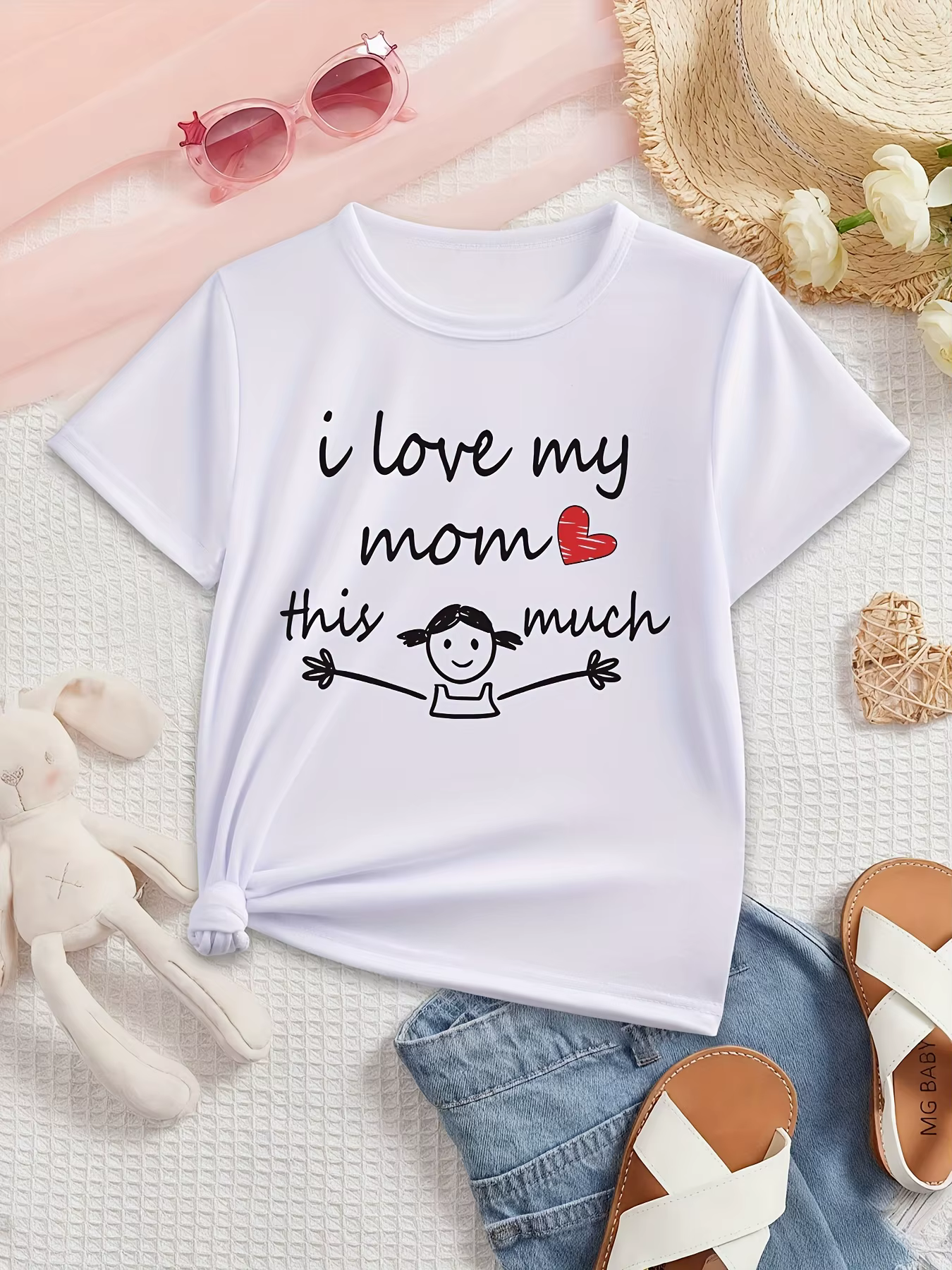 T-Shirt graphique «I LOVE MY MOM THIS MUCH» pour filles, haut d'été décontracté à manches courtes avec motif cœur, col rond, vêtements pour enfants