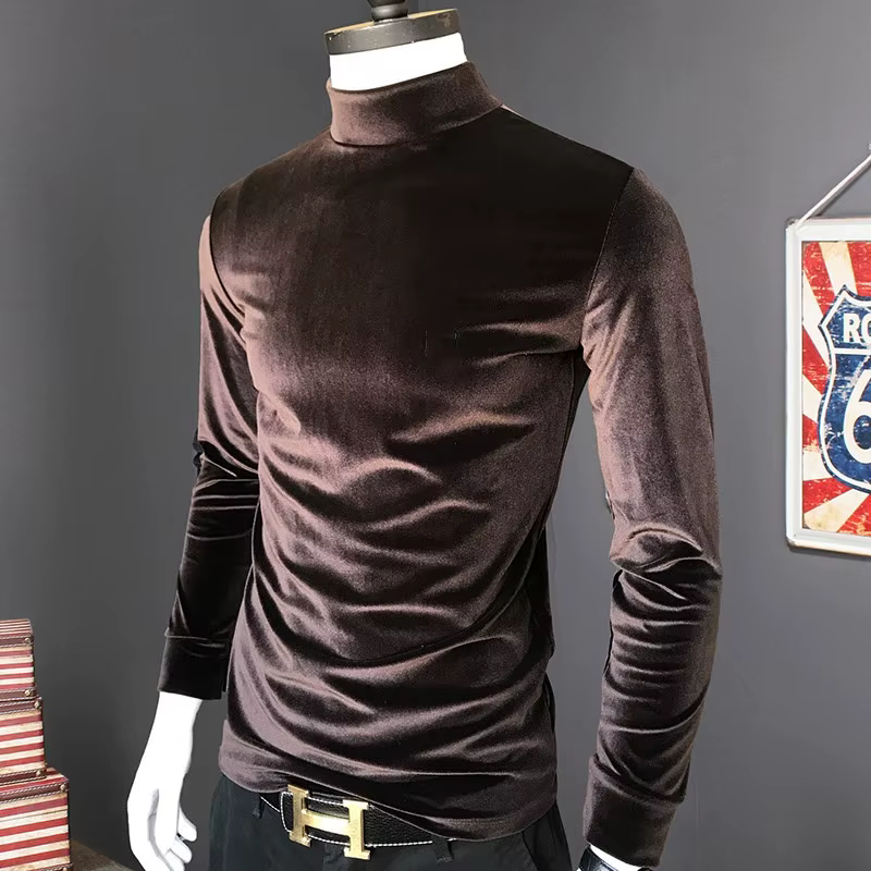 T-shirts en velours à col roulé pour hommes, manches longues, couleur unie, collection Printemps-Automne 2026, T-shirts en velours, grandes tailles, chemise basique M-7XL