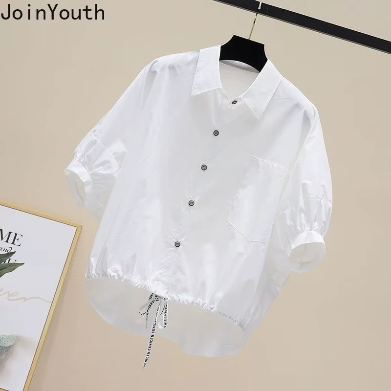 Chemises irrégulières à manches courtes pour femmes 2025 Blusas Mujer De Moda coréen surdimensionné hauts décontracté mode cordon Blouses blanches